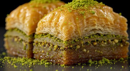 Golden Pistachio Baklava with Honey Syrup—Crisp Layers, Nutty Texture & Middle Eastern Flavor