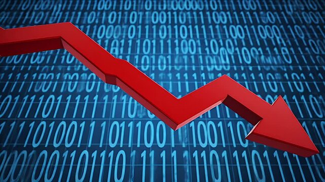 Red Downward Arrow on Blue Binary Code Background Symbolizing Financial Loss and Economic Decline