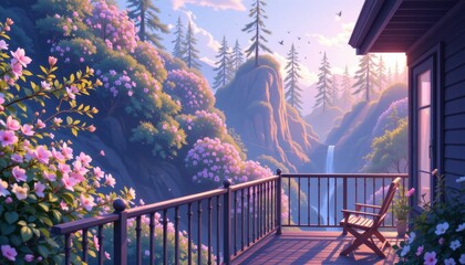 serene anime style balcony retreat surrounded by tall trees, playful figure in neon glow style from side profile, subject on the right with copy space on the left