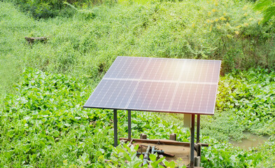 Concept for electricity and ecological, located in a canal near a rice field in a rural area.