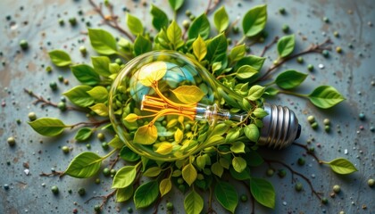 a top view perspective captures an eco friendly lightbulb, its filament intricately woven from fresh, vibrant green leaves; the concept of renewable energy and sustainable living radiating outwards