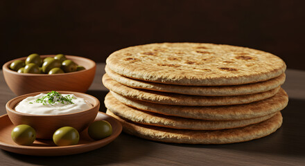 Rustic Flatbread with Herb Yogurt Dip and Green Olives – Fresh Mediterranean Starter
