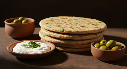 Rustic Flatbread with Herb Yogurt Dip and Green Olives – Fresh Mediterranean Starter