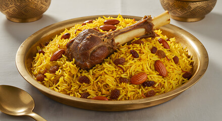 Festive Lamb Biryani with Saffron Rice, Almonds, Raisins—Traditional Aromatic Indian Dish