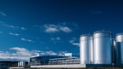 Obraz premium Wide-angle view of hydrogen tanks painted in white and silver, neatly arranged against a calm blue sky backdrop, evoking a sense of industrial innovation and eco-forward energy sol