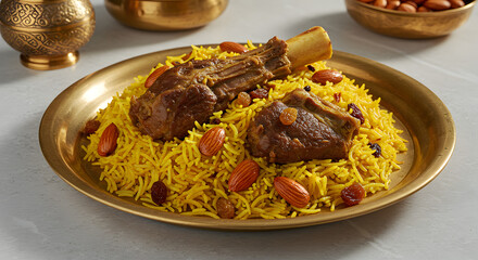 Festive Lamb Biryani with Saffron Rice, Almonds, Raisins—Traditional Aromatic Indian Dish