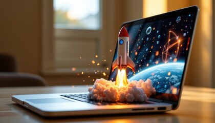 a miniature, gleaming space rocket erupts in fiery splendor from the illuminated screen of a laptop, depicted in a hyperrealistic eye level shot, intimately close