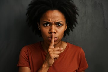 Serious woman looking straight with finger on lips saying be quiet or silence showing secret or warning face with dark background and big eyes wearing casual shirt alone close up portrait