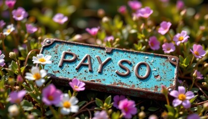 macro focus on a weathered pass resting amidst nature's bloom, rendered in shimmering aqua tones, bathed under bright dawn light; the pass positioned at the top, allowing for ample copy space beneath.