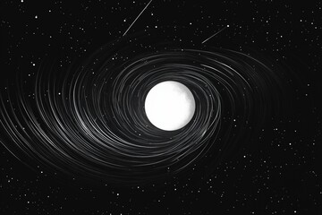 Naklejka premium Abstract depiction of swirling star trails forming circular patterns around bright full moon in night sky, capturing dynamic motion of celestial bodies with scattered stars visible