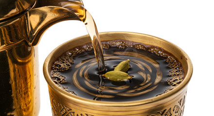Traditional Turkish Coffee with Cardamom—Brewed in Ornate Brass Cup with Steaming Surface Foam
