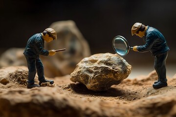 Tiny archaeologists carefully brushing dust off a small fossil, magnifying glasses in hand 