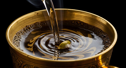 Pouring Traditional Cardamom Coffee into Ornate Brass Cup – Steamy Aromatic Brew in Golden Vessel
