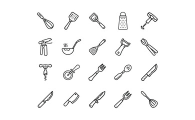 Collection of Minimalist Kitchen Utensil Icons in Black Outline Style.