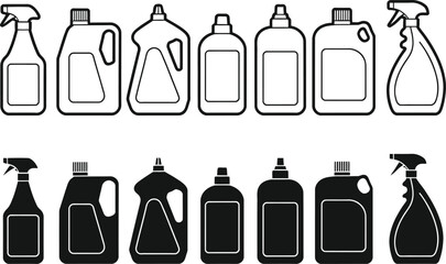 Fototapeta premium Collection of cleaning product bottles and spray bottles in outline and solid black