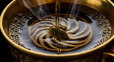 Pouring Traditional Cardamom Coffee into Ornate Brass Cup – Steamy Aromatic Brew in Golden Vessel