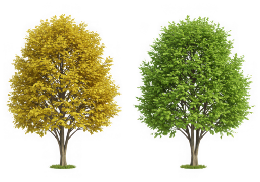 Two trees isolated on transparent background, one with vibrant yellow autumn leaves and the other with lush green spring leaves - Powered by Adobe