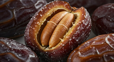 Sugar-Crystal Coated Dates with Exposed Seed—Sweet, Natural Middle Eastern Fruit Close-Up
