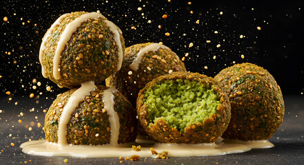 Green Falafel with Sesame Crust and Creamy Tahini Drizzle – Crispy, Vegan, Middle Eastern Snack