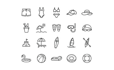 Collection of Summer Icons: Beach Shorts Swimsuit Hat and More.