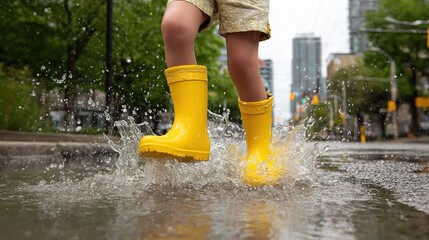 Joyful child in yellow rain boots splashing in a puddle on city street, capturing carefree childhood, playful energy, and the happiness of rainy days