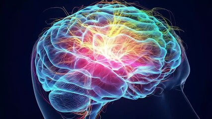 A vibrant, translucent human brain with glowing neural pathways and energy radiating from its core. - Powered by Adobe