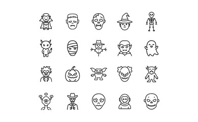 Collection of Halloween Icons: Spooky Characters and Festive Symbols in Line Art.