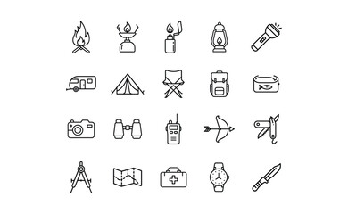 Camping and Outdoor Adventure Icon Set in Minimalist Outline Style.