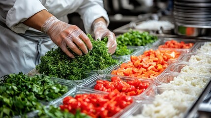 Chef preparing fresh salad ingredients in a restaurant kitchen.
