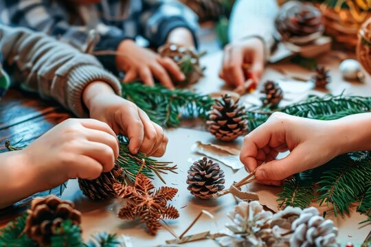 Close-up of children's hands crafting with pine cones and evergreen branches on a table. - Powered by Adobe