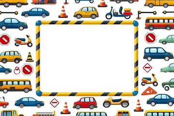 Fototapeta premium Colorful transportation border with cute cartoon vehicles. A playful frame with a car, truck, bus, and airplane for kids