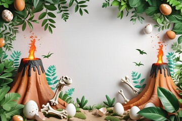 A playful prehistoric border with cute cartoon dinosaurs and tropical leaves. A fun and colorful frame for a kid's birthday party