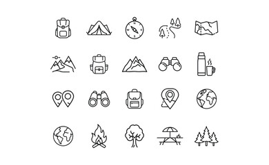 Collection of Outdoor Adventure Icons in Outline Style.