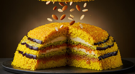 Layered Maklouba Rice with Eggplant and Almond Garnish—Vibrant Saffron-Inspired Middle Eastern Dish
