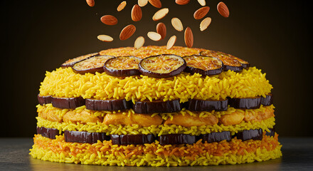 Layered Maklouba Rice with Eggplant and Almond Garnish—Vibrant Saffron-Inspired Middle Eastern Dish