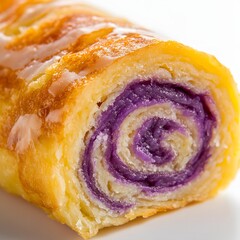 The roll is sliced to reveal a vibrant purple yam filling swirled beautifully within the golden-brown layers of the pastry