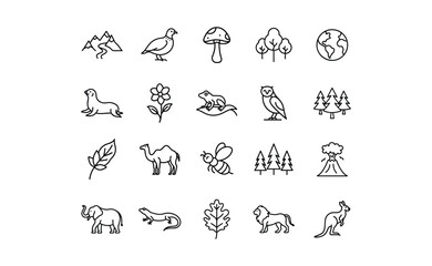Simple Line Art Illustrations of Various Natural Elements.