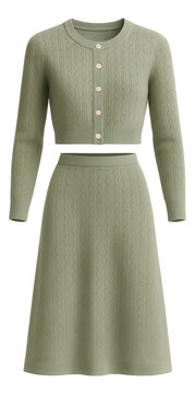 Button-front cropped cardigan and high-waist midi skirt co-ord in sage green pointelle knit