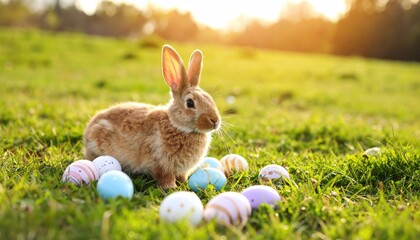 Fototapeta premium Easter bunny with colorful eggs in a grassy field