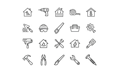 Collection of Minimalist Line Art Construction and Repair Icons Tools and Home.