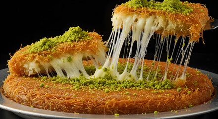 Kunafa Cheese Pull with Pistachio Crust—Crispy Arabic Dessert in Golden Syrup