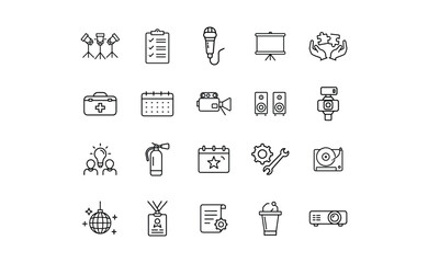 Collection of Outline Icons for Event Planning and Business.