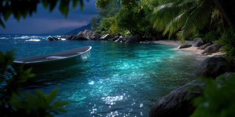 Calm tropical shoreline with a boat near lush greenery under a night sky