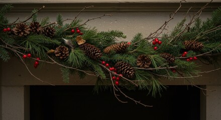 Festive garland featuring pine branches, pine cones, red berries, and twigs arranged on a neutral surface above a dark opening.