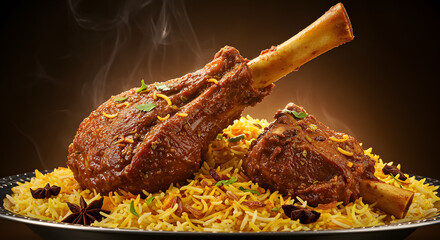 Slow-Cooked Lamb Shank Biryani with Saffron Rice and Aromatic Spice Garnish – Traditional Middle Eastern Feast
