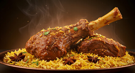 Slow-Cooked Lamb Shank Biryani with Saffron Rice and Aromatic Spice Garnish – Traditional Middle Eastern Feast