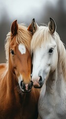 Horses sharing a close moment in a serene field during a cloudy day in early autumn