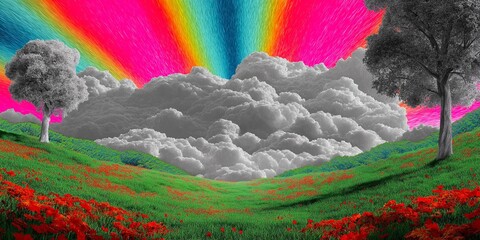 A dramatic and moody artwork of a red poppy field and a colorful, magical sea against black and white trees and dark storm clouds. A concept for powerful, untamed magic