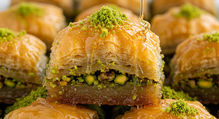 Honey-Soaked Baklava with Pistachios—Crispy Middle Eastern Pastry Layers and Syrupy Drizzle