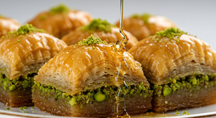 Honey-Soaked Baklava with Pistachios—Crispy Middle Eastern Pastry Layers and Syrupy Drizzle